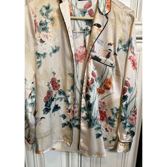 Zara Women's Oriental Japanese Garden Floral Print Satin Shirt Multicolor Small - Picture 2 of 15